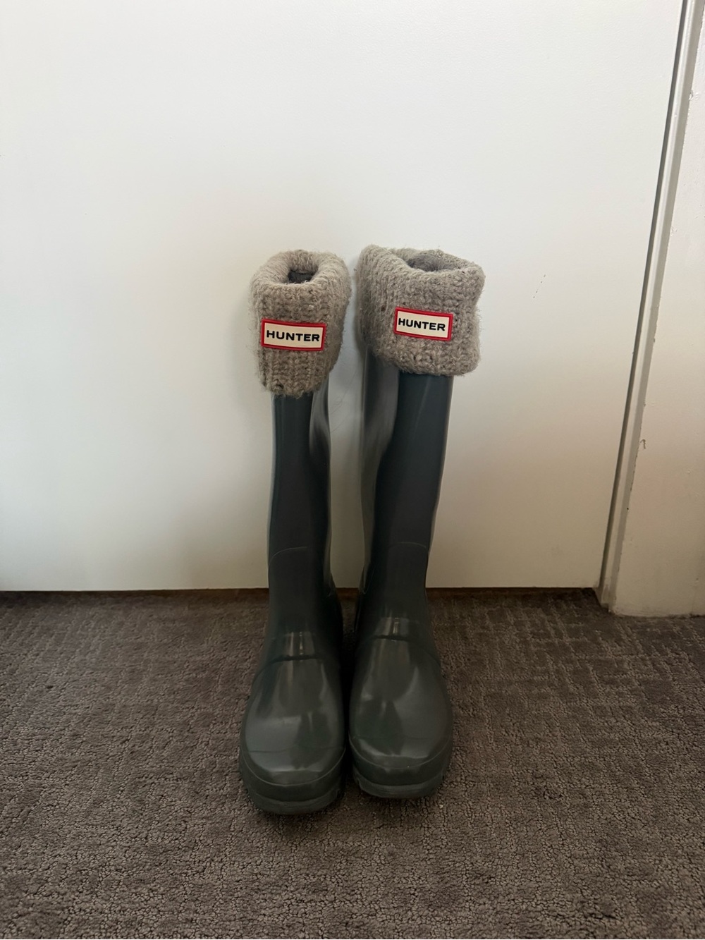 Hunter Tall Grey Rubber Rain Boots with Grey Knit Cuff